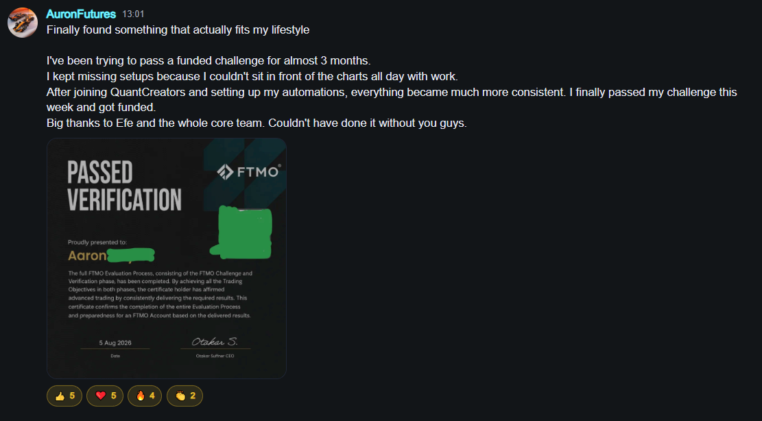AuronFutures member-shared FTMO passed verification screenshot