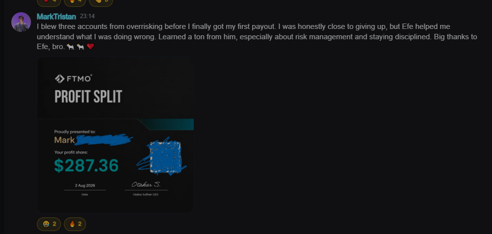 MarkTristan member-shared FTMO profit split screenshot